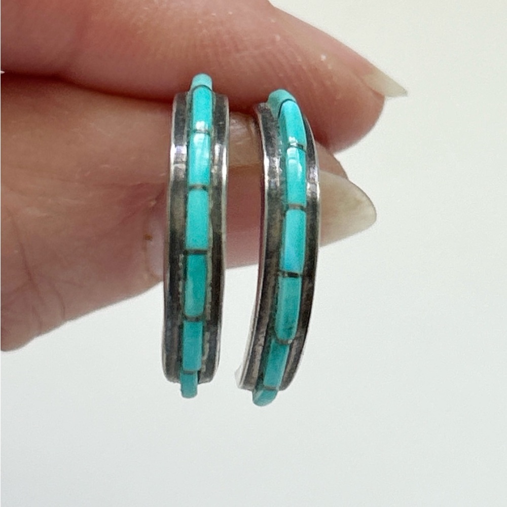 Vintage Southwestern Turquoise Inlay Sterling Silver C Hoop Earrings